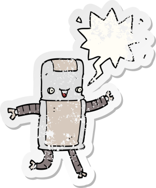 Konuşma baloncuğu olan karikatür robotu bir insan tarafından çizilmiş sıkıntılı eski bir çıkartma