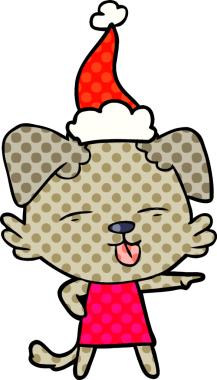 Bir insan tarafından çizilmiş Noel Baba şapkası takan bir köpeğin el çizimi çizgi roman tasviri.