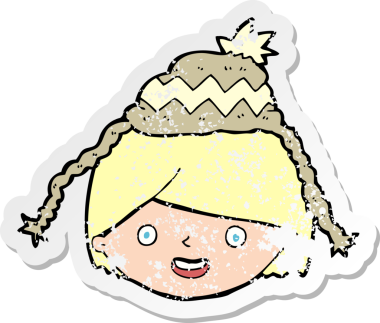 Bir insan tarafından çizilmiş kış şapkası giyen bir çizgi film karakterinin gerilimli retro çıkartması.