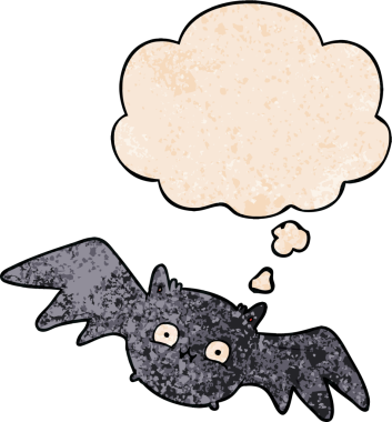 bir insan tarafından çizilmiş grunge desenli düşünce baloncuklu cadılar bayramı yarasası çizgi filmi.