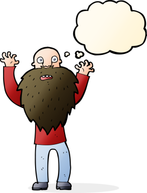 Bir insan tarafından çizilmiş düşünce baloncuklu sakallı korkak yaşlı adam.