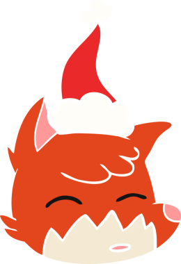Bir insan tarafından çizilmiş Noel Baba şapkası giyen bir tilki yüzünün düz renkli çizimi.