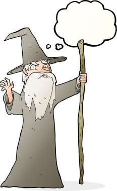 Bir insan tarafından çizilmiş düşünce baloncuğu olan yaşlı bir sihirbaz.