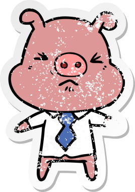 Bir insan tarafından çizilmiş gömlekli ve kravatlı kızgın bir domuzun sıkıntılı çıkartması.