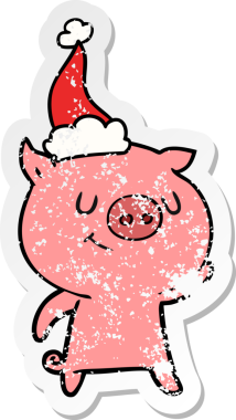 Mutlu el, insan tarafından çizilmiş Noel Baba şapkası takan bir domuzun kederli çıkartması.