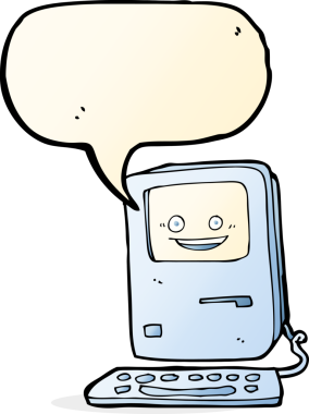 bir insan tarafından çizilmiş konuşma baloncuklu eski bir bilgisayar