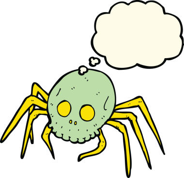 Bir insan tarafından çizilmiş düşünce baloncuğu olan ürkütücü cadılar bayramı kafatası örümceği çizgi filmi.