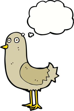 Bir insan tarafından çizilmiş düşünce baloncuklu çizgi film kuşu.