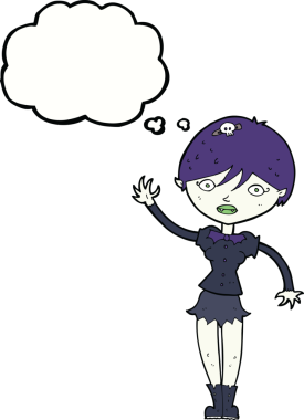 Bir insan tarafından çizilmiş düşünce balonuyla el sallayan vampir kız.