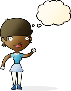 Bir insan tarafından çizilmiş düşünce baloncuğu fikri olan karikatür kadın.