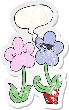 Konuşma baloncuğu olan sevimli bir karikatür çiçek bir insan tarafından çizilmiş sıkıntılı eski bir çıkartma