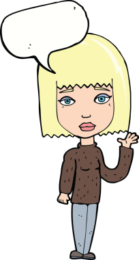 Bir insan tarafından çizilmiş bir konuşma balonuyla el sallayan çizgi film kadını.