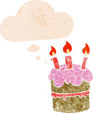 Düşünce baloncuklu çizgi film doğum günü pastası grunge sıkıntılı retro dokuma tarzı bir insan tarafından çizilmiş