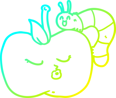 Bir çizgi filmin soğuk gradyan çizimi bir insan tarafından çizilmiş güzel elma ve böcek