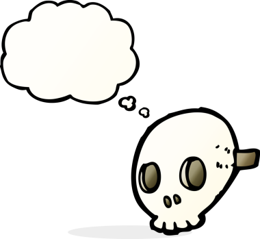 Bir insan tarafından çizilmiş düşünce baloncuklu kafatası maskesi.