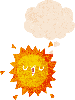 Düşünce baloncuklu karikatür güneşi bir insan tarafından çizilmiş sıkıntılı retro stil