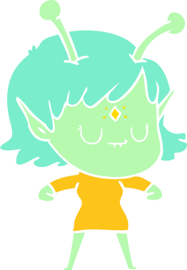 Bir insan tarafından çizilmiş düz renkli uzaylı kız çizgi filmi.