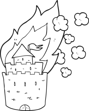 Bir insan tarafından çizilmiş siyah beyaz karikatür yanan kale.