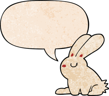 Konuşma baloncuklu çizgi film tavşanı insan tarafından çizilmiş.
