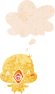 Düşünce baloncuklu çizgi film mutlu kuş grunge sıkıntılı retro dokuma bir insan tarafından çizilmiş