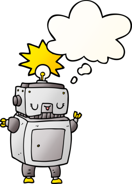 Bir insan tarafından çizilmiş, düşünce baloncuklu çizgi film robotu.