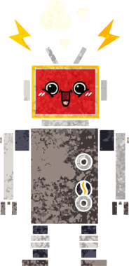 Bir insan tarafından çizilmiş mutlu bir robotun retro çizim tarzı karikatürü