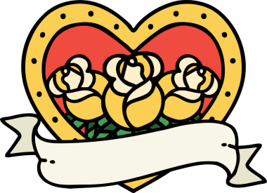 Geleneksel kalp şeklinde dövme ve bir insan tarafından çizilmiş çiçekli pankart.