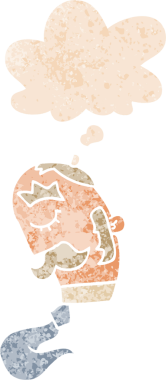 Düşünce baloncuklu bıyıklı bir çizgi film adamı grunge 'da sıkıntılı eski moda bir insan tarafından çizilmiş.