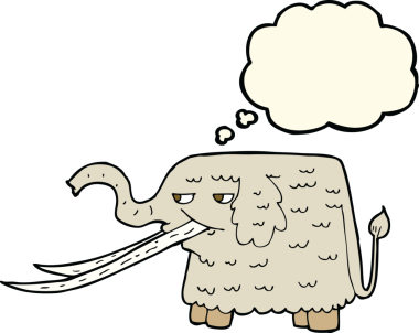 Bir insan tarafından çizilmiş düşünce baloncuklu yünlü mamut çizgi filmi.