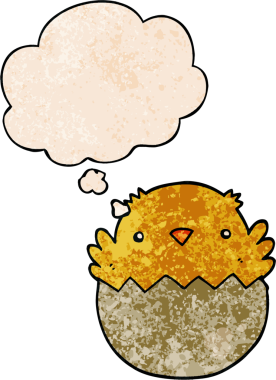 Karikatür civcivi yumurtadan çıkıyor. Düşünce baloncuğu ve grunge dokusuyla bir insan tarafından çizilmiş.