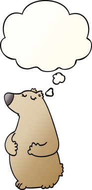 Bir insan tarafından çizilmiş yumuşak eğimli düşünce baloncuklu çizgi film ayısı.