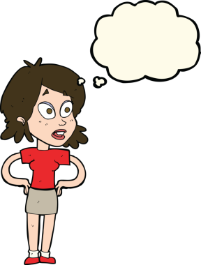 Bir insan tarafından çizilmiş düşünce baloncuğu olan elleri kalçasında çizgi film kadını.