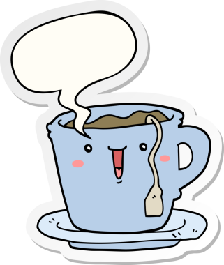 Bir insan tarafından çizilmiş konuşma baloncuğu etiketli şirin bir çizgi film fincanı ve çay tabağı.