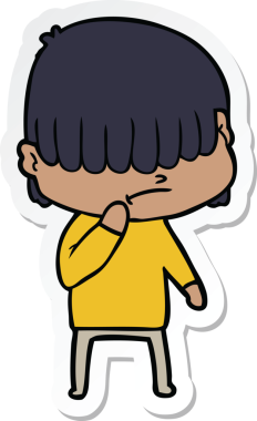 Bir insan tarafından çizilmiş dağınık saçlı çizgi film çocuğunun çıkartması.