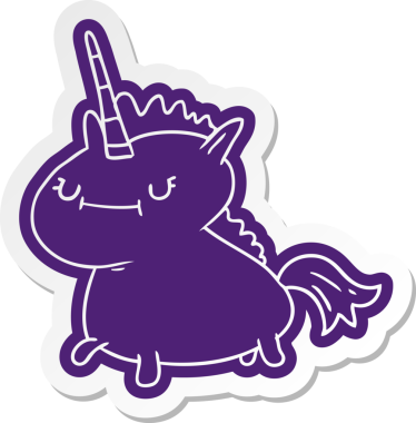 Bir insan tarafından çizilmiş sihirli bir tek boynuzlu atın çizgi film etiketi.