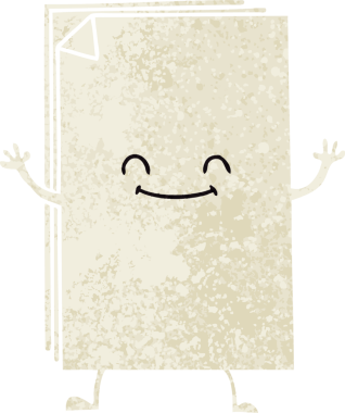 Retro illüstrasyon tarzı tuhaf çizgi film. Bir insan tarafından çizilmiş mutlu kağıt yığını.