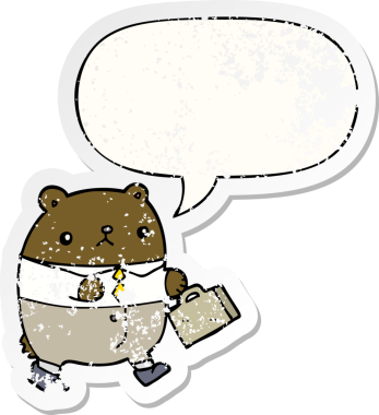 İş kıyafetleri içinde çizgi film ayısı. Konuşma baloncuğu olan. Bir insan tarafından çizilmiş sıkıntılı eski bir çıkartma.