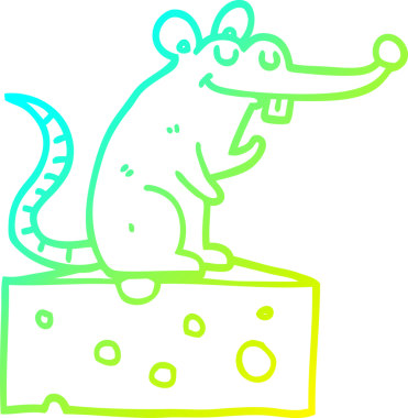 Bir insan tarafından çizilmiş peynirin üzerinde oturan çizgi roman faresinin soğuk gradyan çizimi