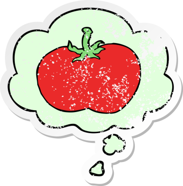 Düşünce baloncuklu çizgi film domatesleri insan tarafından çizilmiş yıpranmış bir çıkartma gibi.