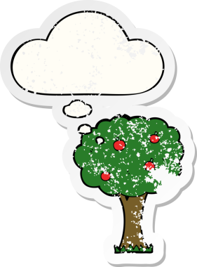 Düşünce baloncuğu olan karikatür elma ağacı bir insan tarafından çizilmiş yıpranmış bir çıkartma.