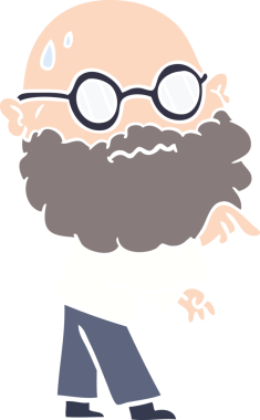 Düz renkli çizgi film endişeli sakallı ve gözlüklü bir adam bir insan tarafından çizilmiş.