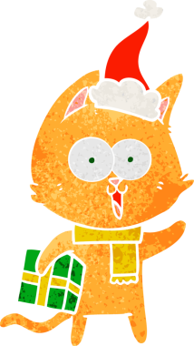 Bir insan tarafından çizilmiş Noel Baba şapkası takan bir kedinin komik el çizimi karikatürü