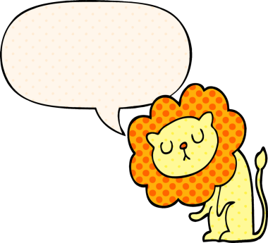 Bir insan tarafından çizilmiş çizgi roman tarzında konuşma balonu olan sevimli çizgi film aslanı.