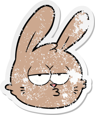 Bir insan tarafından çizilmiş bitkin tavşan suratlı karikatür çıkartması.