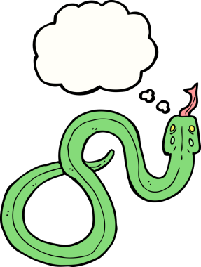 Bir insan tarafından çizilmiş düşünce baloncuklu çizgi film yılanı.