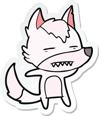 Bir insan tarafından çizilmiş dişleri gösteren bir kurt çizgi film etiketi.