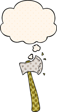 Çizgi roman tarzında bir insan tarafından çizilmiş düşünce balonlu bir balta.