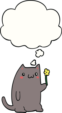 Bir insan tarafından çizilmiş düşünce baloncuklu şirin çizgi film kedisi.