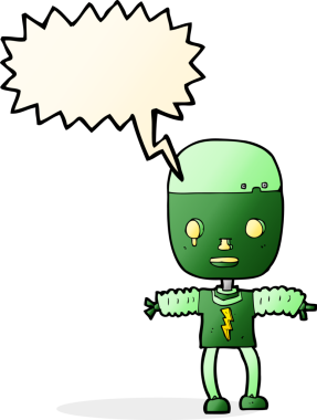 Bir insan tarafından çizilmiş konuşma balonu olan çizgi film robotu.