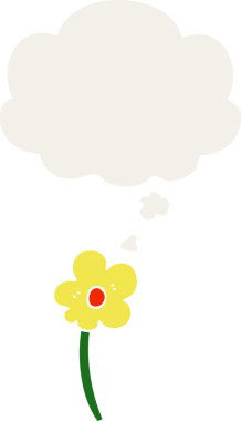 Düşünce baloncuğu olan karikatür çiçeği insan tarafından çizilmiş.